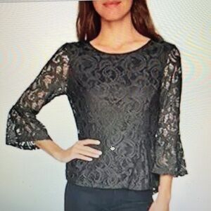 Adrianna Papell Black Lace Overlay Top Shirt Back Zipper Clasp Sz S